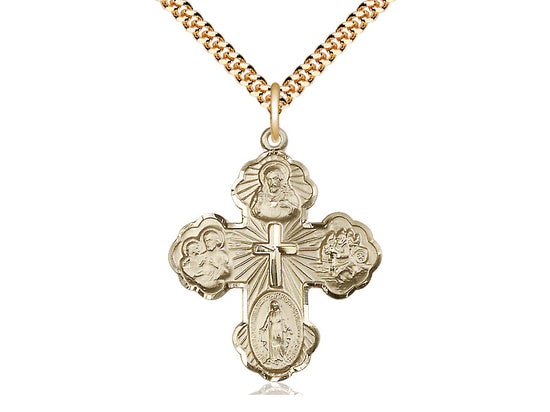 14kt Gold Filled 5-Way Pendant on a 24 inch Gold Plate Heavy Curb Chain - Unique Catholic Gifts