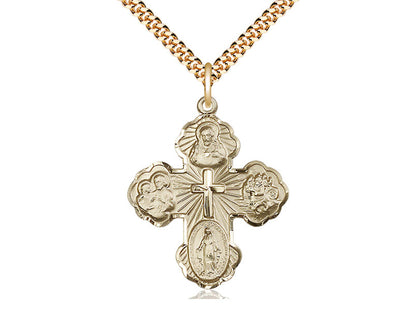 14kt Gold Filled 5-Way Pendant on a 24 inch Gold Plate Heavy Curb Chain - Unique Catholic Gifts
