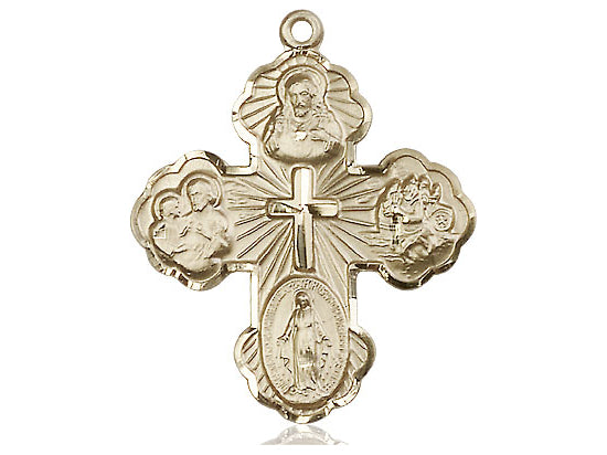 14kt Gold Filled 5-Way Pendant on a 24 inch Gold Plate Heavy Curb Chain - Unique Catholic Gifts