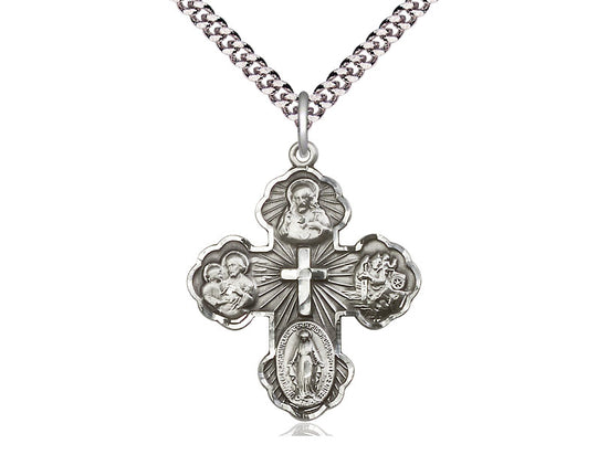 Sterling Silver 5-Way Pendant on a 24 inch Light Rhodium Heavy Curb Chain - Unique Catholic Gifts