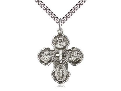 Sterling Silver 5-Way Pendant on a 24 inch Light Rhodium Heavy Curb Chain - Unique Catholic Gifts