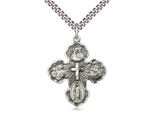 Sterling Silver 5-Way Pendant on a 24 inch Light Rhodium Heavy Curb Chain - Unique Catholic Gifts