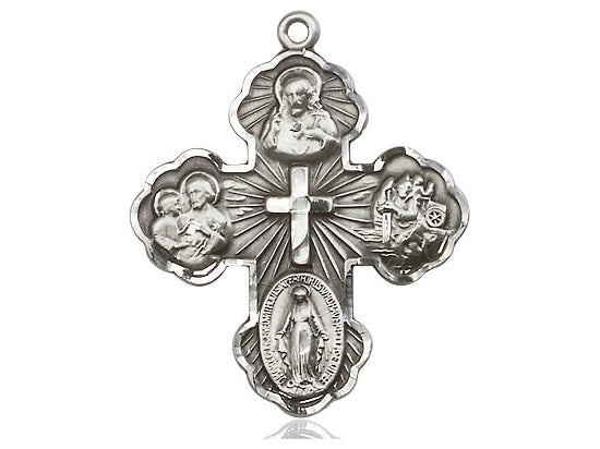 Sterling Silver 5-Way Pendant on a 24 inch Light Rhodium Heavy Curb Chain - Unique Catholic Gifts