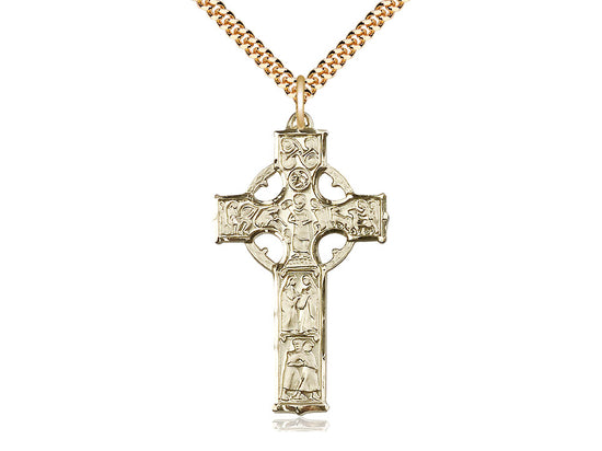 14kt Gold Filled Celtic Cross Pendant on a 24 inch Gold Plate Heavy Curb Chain - Unique Catholic Gifts