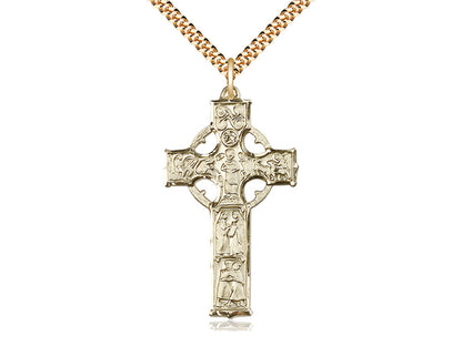 14kt Gold Filled Celtic Cross Pendant on a 24 inch Gold Plate Heavy Curb Chain - Unique Catholic Gifts