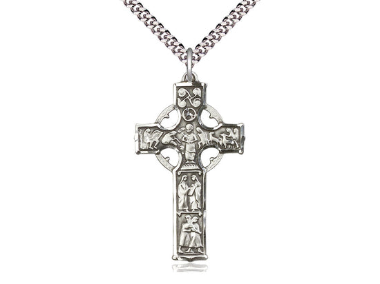 Sterling Silver Celtic Cross Pendant on a 24 inch Light Rhodium Heavy Curb Chain - Unique Catholic Gifts