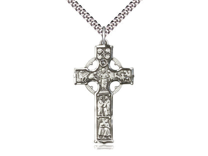 Sterling Silver Celtic Cross Pendant on a 24 inch Light Rhodium Heavy Curb Chain - Unique Catholic Gifts