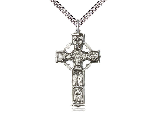 Sterling Silver Celtic Cross Pendant on a 24 inch Light Rhodium Heavy Curb Chain - Unique Catholic Gifts
