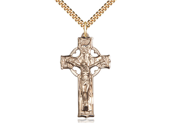 14kt Gold Filled Celtic Crucifix Pendant on a 24 inch Gold Plate Heavy Curb Chain - Unique Catholic Gifts