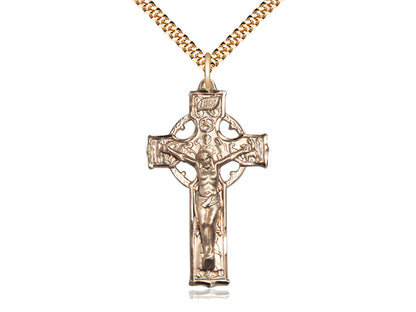 14kt Gold Filled Celtic Crucifix Pendant on a 24 inch Gold Plate Heavy Curb Chain - Unique Catholic Gifts