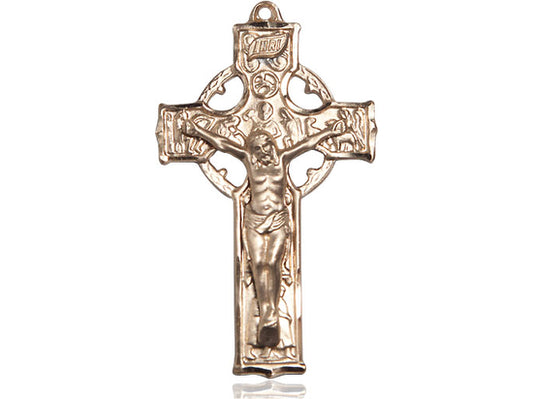 14kt Gold Filled Celtic Crucifix Pendant on a 24 inch Gold Plate Heavy Curb Chain - Unique Catholic Gifts