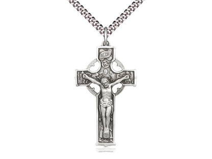 Sterling Silver Celtic Crucifix Pendant on a 24 inch Light Rhodium Heavy Curb Chain - Unique Catholic Gifts