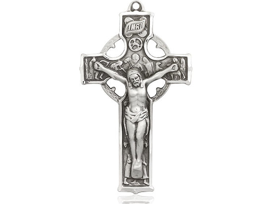 Sterling Silver Celtic Crucifix Pendant on a 24 inch Light Rhodium Heavy Curb Chain - Unique Catholic Gifts