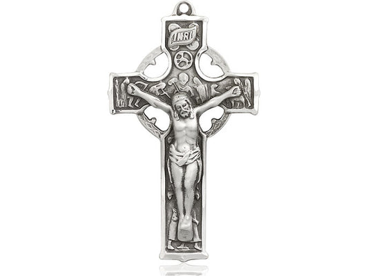 Sterling Silver Celtic Crucifix Pendant on a 24 inch Light Rhodium Heavy Curb Chain - Unique Catholic Gifts