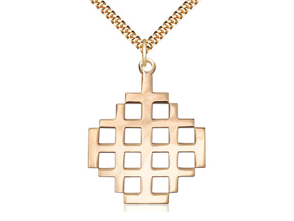 14kt Gold Filled Jerusalem Cross Pendant on a 24 inch Gold Plate Heavy Curb Chain - Unique Catholic Gifts