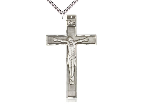Sterling Silver Crucifix Pendant on a 24 inch Light Rhodium Heavy Curb Chain - Unique Catholic Gifts