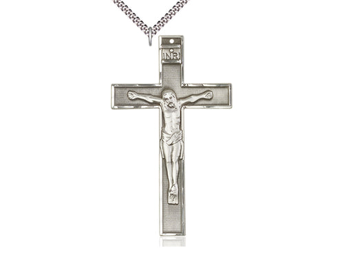 Sterling Silver Crucifix Pendant on a 24 inch Light Rhodium Heavy Curb Chain - Unique Catholic Gifts