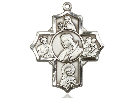 Sterling Silver Philomena Theresa Rita Antony Jude Pendant on a 24 inch Light Rhodium Heavy Curb Chain - Unique Catholic Gifts
