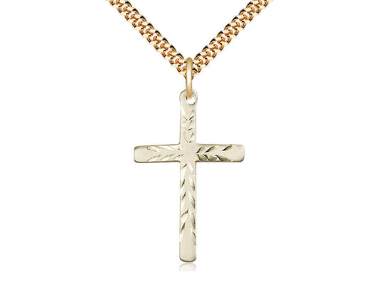 14kt Gold Filled Cross Pendant on a 24 inch Gold Plate Heavy Curb Chain - Unique Catholic Gifts