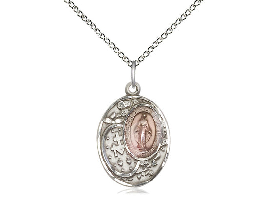 Sterling Silver Miraculous Pendant on a 18 inch Sterling Silver Light Curb Chain - Unique Catholic Gifts