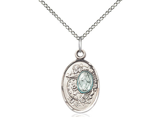 Sterling Silver Miraculous Pendant on a 18 inch Sterling Silver Light Curb Chain - Unique Catholic Gifts