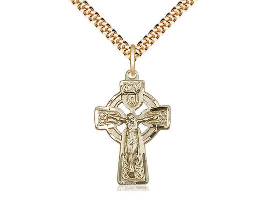14kt Gold Filled Celtic Crucifix Pendant on a 24 inch Gold Plate Heavy Curb Chain - Unique Catholic Gifts