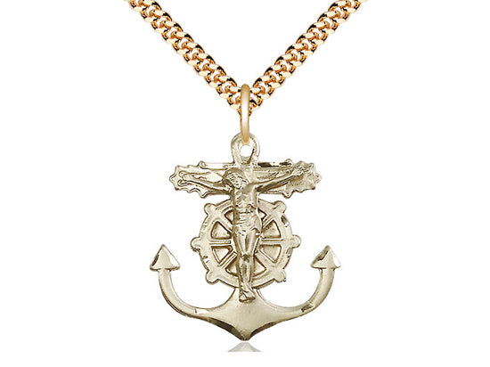 14kt Gold Filled Anchor Crucifix Pendant on a 24 inch Gold Plate Heavy Curb Chain - Unique Catholic Gifts