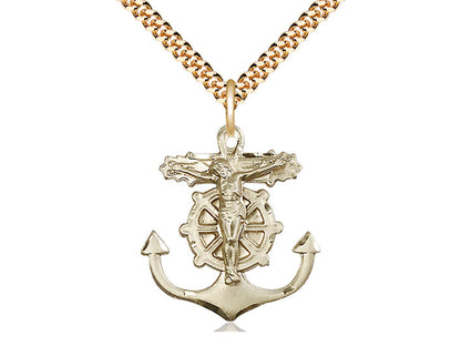 14kt Gold Filled Anchor Crucifix Pendant on a 24 inch Gold Plate Heavy Curb Chain - Unique Catholic Gifts