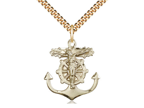 14kt Gold Filled Anchor Crucifix Pendant on a 24 inch Gold Plate Heavy Curb Chain - Unique Catholic Gifts