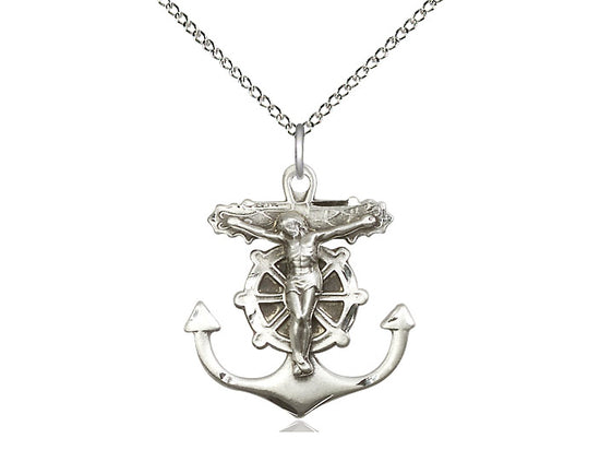 Sterling Silver Anchor Crucifix Pendant on a 18 inch Sterling Silver Light Curb Chain - Unique Catholic Gifts