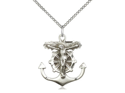 Sterling Silver Anchor Crucifix Pendant on a 18 inch Sterling Silver Light Curb Chain - Unique Catholic Gifts