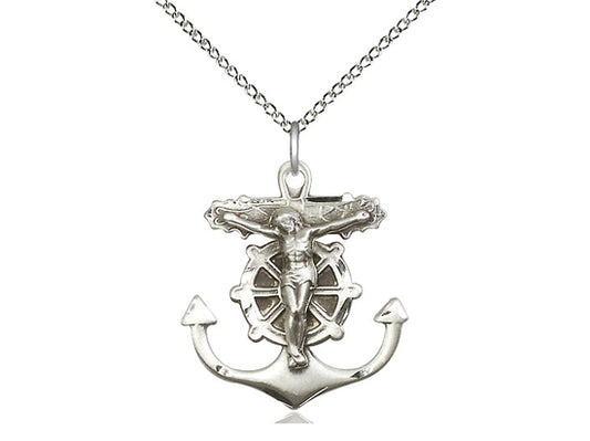 Sterling Silver Anchor Crucifix Pendant on a 18 inch Sterling Silver Light Curb Chain - Unique Catholic Gifts