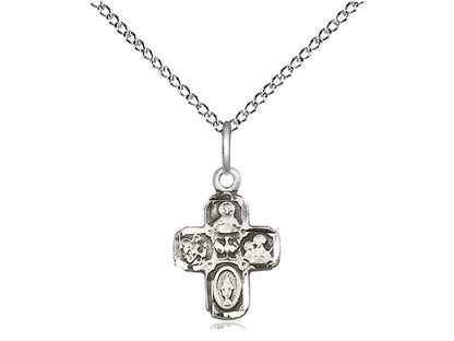 Sterling Silver 4-Way Pendant on a 18 inch Sterling Silver Light Curb Chain - Unique Catholic Gifts