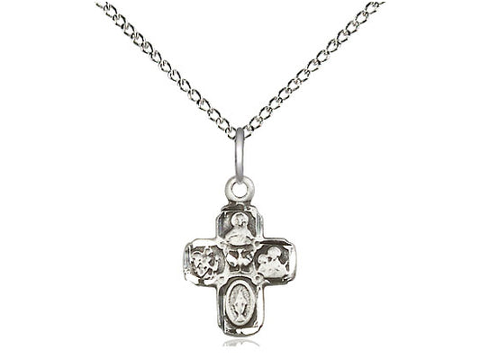 Sterling Silver 4-Way Pendant on a 18 inch Sterling Silver Light Curb Chain - Unique Catholic Gifts