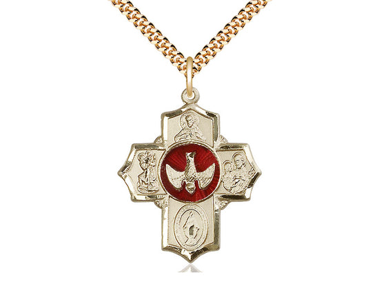 14kt Gold Filled 5-Way Pendant on a 24 inch Gold Plate Heavy Curb Chain - Unique Catholic Gifts