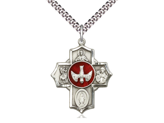 Sterling Silver 5-Way Pendant on a 24 inch Light Rhodium Heavy Curb Chain - Unique Catholic Gifts