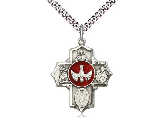 Sterling Silver 5-Way Pendant on a 24 inch Light Rhodium Heavy Curb Chain - Unique Catholic Gifts