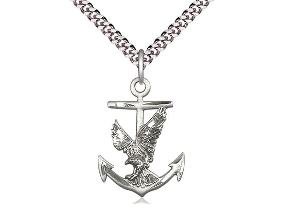 Sterling Silver Anchor Eagle Pendant on a 24 inch Light Rhodium Heavy Curb Chain - Unique Catholic Gifts
