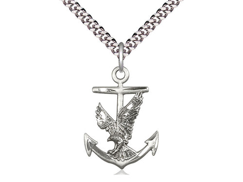 Sterling Silver Anchor Eagle Pendant on a 24 inch Light Rhodium Heavy Curb Chain - Unique Catholic Gifts
