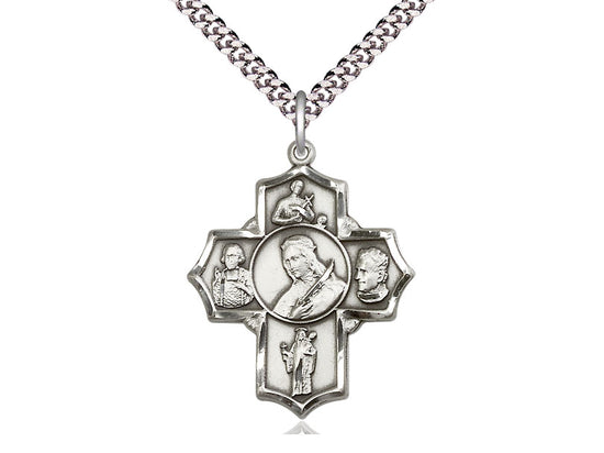 Sterling Silver Philomena Vian Bos Jude Gerard Pendant on a 24 inch Light Rhodium Heavy Curb Chain - Unique Catholic Gifts