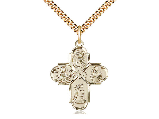 14kt Gold Filled Franciscan 4-Way Pendant on a 24 inch Gold Plate Heavy Curb Chain - Unique Catholic Gifts