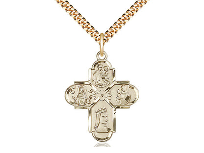 14kt Gold Filled Franciscan 4-Way Pendant on a 24 inch Gold Plate Heavy Curb Chain - Unique Catholic Gifts