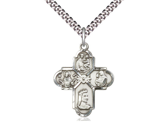 Sterling Silver Franciscan 4-Way Pendant on a 24 inch Light Rhodium Heavy Curb Chain - Unique Catholic Gifts