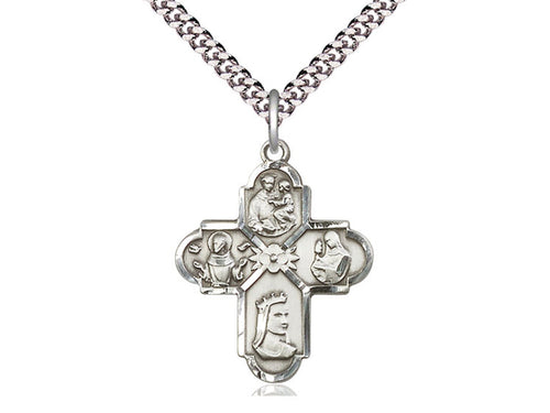 Sterling Silver Franciscan 4-Way Pendant on a 24 inch Light Rhodium Heavy Curb Chain - Unique Catholic Gifts