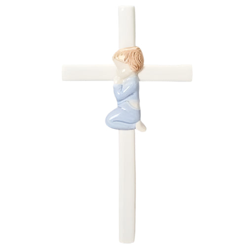 Praying Boy on Cross Porcelain (7 1/2") - Unique Catholic Gifts