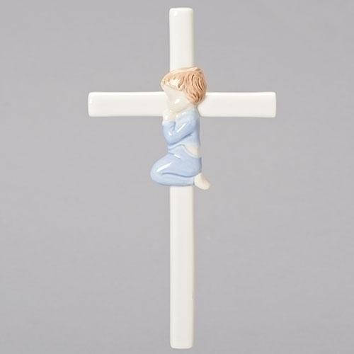 Praying Boy on Cross Porcelain (7 1/2") - Unique Catholic Gifts