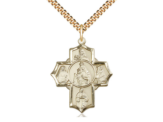 14kt Gold Filled Our Lady of Mount Carmel 4-Way Pendant on a 24 inch Gold Plate Heavy Curb Chain - Unique Catholic Gifts