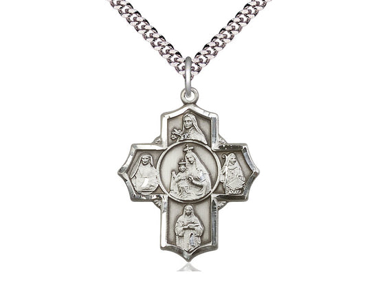 Sterling Silver Our Lady of Mount Carmel 4-Way Pendant on a 24 inch Light Rhodium Heavy Curb Chain - Unique Catholic Gifts