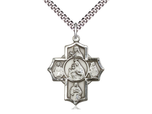 Sterling Silver Our Lady of Mount Carmel 4-Way Pendant on a 24 inch Light Rhodium Heavy Curb Chain - Unique Catholic Gifts