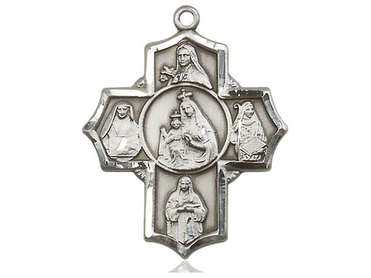 Sterling Silver Our Lady of Mount Carmel 4-Way Pendant on a 24 inch Light Rhodium Heavy Curb Chain - Unique Catholic Gifts